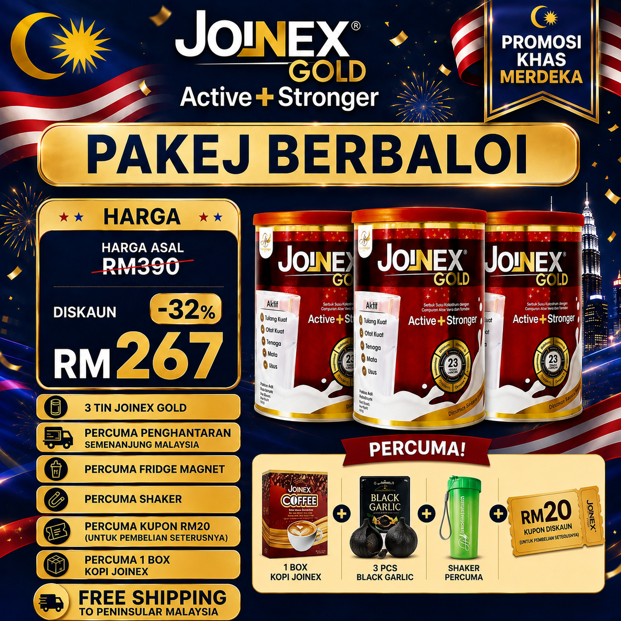 Poster promosi Pakej Berbaloi tiga tin Susu Joinex Gold