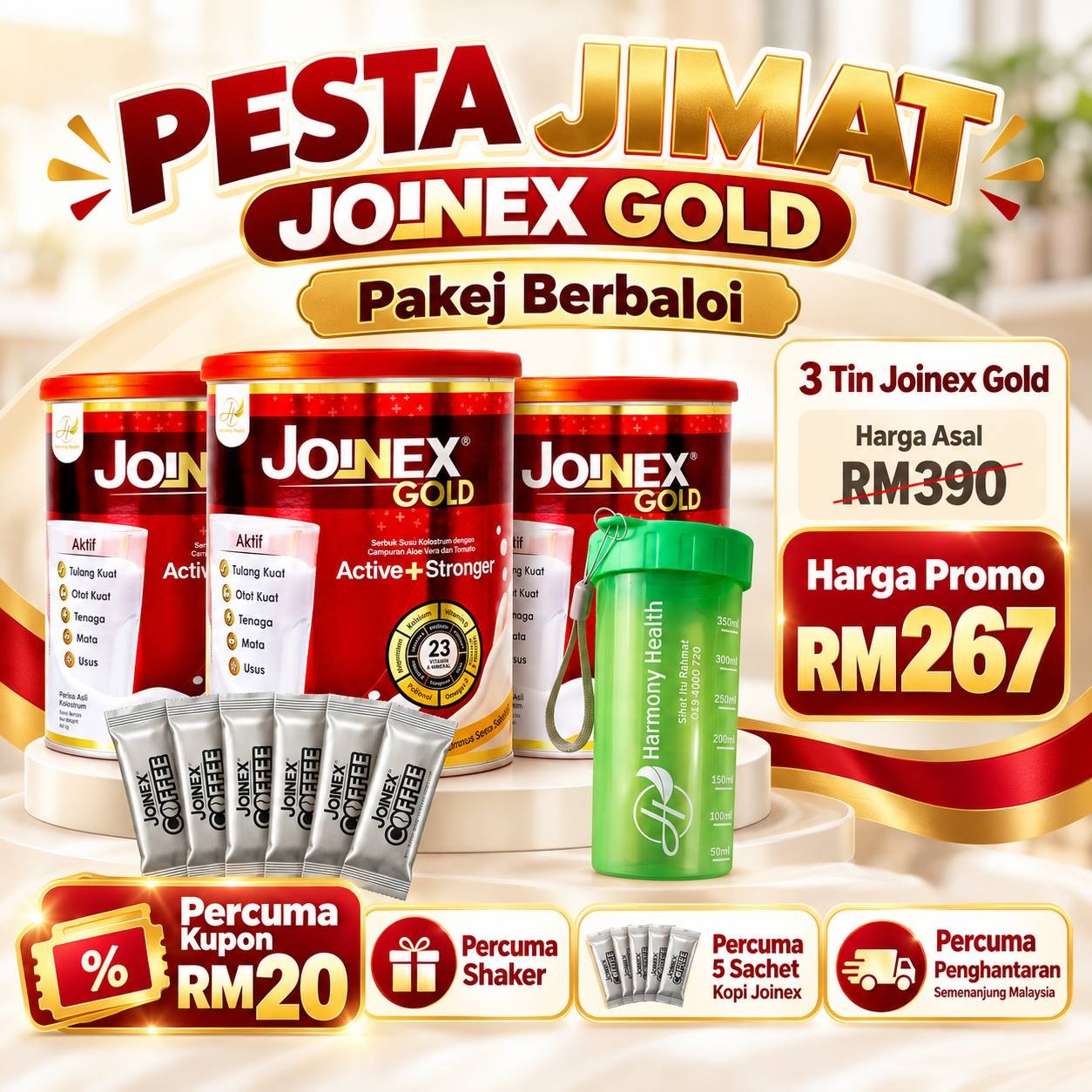 Poster promosi Pakej Berbaloi tiga tin Susu Joinex Gold