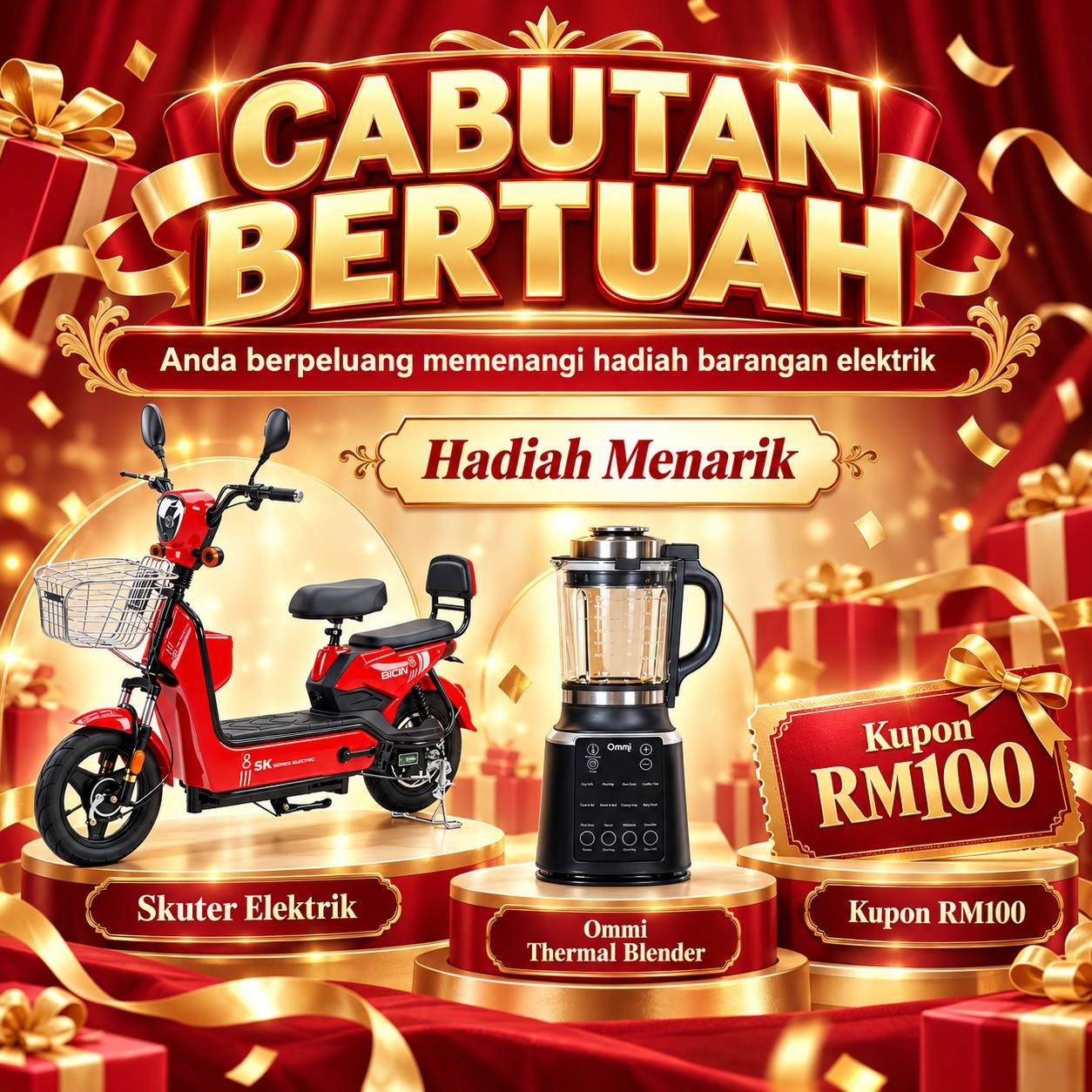 Hadiah cabutan bertuah Joinex Gold: Skuter Elektrik, Ommi Thermal Blender dan Kupon RM100.