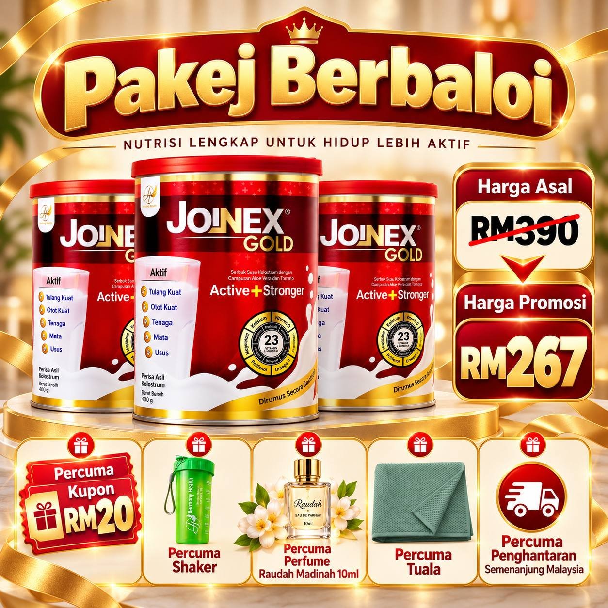 Poster promosi Pakej Berbaloi tiga tin Susu Joinex Gold